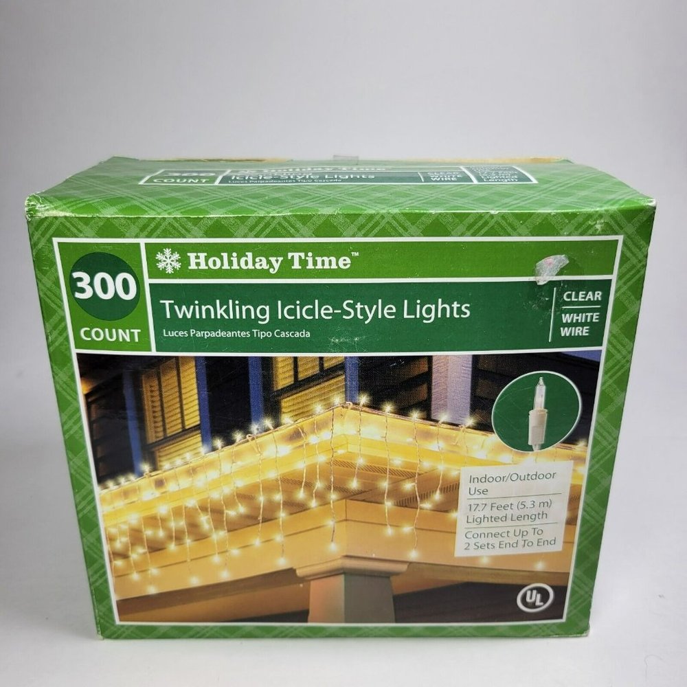 Holiday Time Twinkling Icicle Christmas Lights 17.7 ft 300ct Clear w/ White Wire